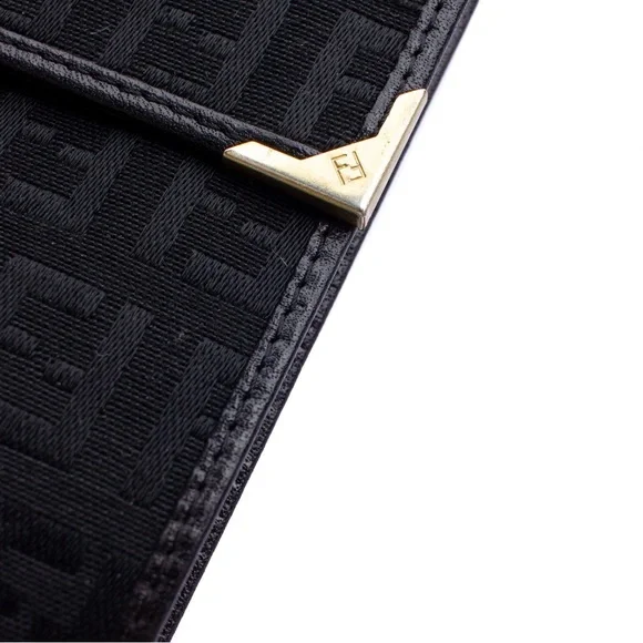 VTG 80s. FENDI FF Zucca Monogram Canvas & Leather Trifold Wallet In Black